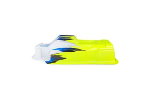 Side view of a Pro-Line 1/8 scale yellow, white, blue, and black painted RC truggy body shell against a white background.