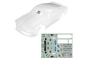 Pro-Line 1968 Ford Mustang unpainted clear body shell and included decal sheet on a white background.