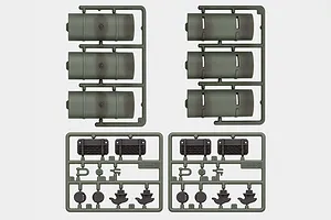 Heng Long T-34/85 tank accessory parts on green plastic sprues including fuel drums and details.