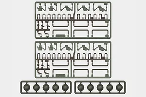 Two identical green plastic accessory sprues and two smaller sprues with round parts for the Heng Long T-34/85 tank.
