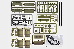 Top-down view of Heng Long RC tank accessory parts, including plastic sprues with scale detail pieces, fuel drums, and cables on a white background.