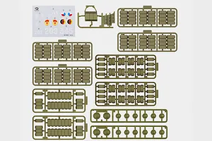 Heng Long Russian T-72 accessory pack showing plastic sprues of scale tank parts and a decal sheet on white background.