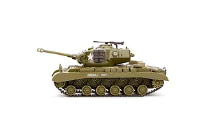 Side profile of the Heng Long M26 Pershing RC tank in olive drab green with FIREBALL lettering on the side, isolated on a white background.