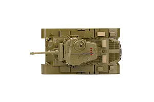 Top-down view of the Heng Long M26 Pershing RC tank showing its olive green hull, turret, and detailed deck features against a white background.