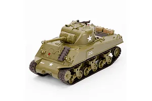 Heng Long 1/30 scale M4A3 Sherman RC tank in olive drab green with white star markings against a white background.