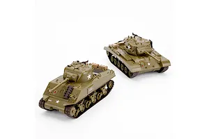 Heng Long Sherman and Pershing M26 RC tanks in olive green on a white studio background.