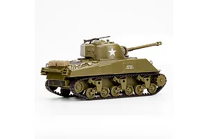 Heng Long Sherman RC tank viewed from the rear three-quarters against a white background.