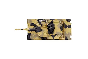 Top-down view of the Heng Long M1A2 Abrams RC tank showing its desert camouflage paint scheme, turret, and main gun against a white background.