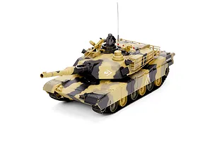 Heng Long M1A2 Abrams RC tank in desert camouflage with commander figure against a clean white background