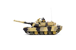 Side profile studio shot of the Heng Long M1A2 Abrams RC tank in desert camouflage with black markings and commander figure.