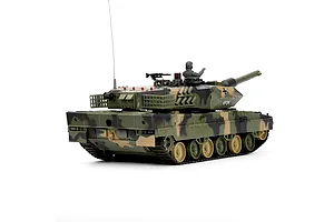 Heng Long German Leopard 2 A5 1/24 scale RC tank in camouflage finish, viewed from rear-three-quarter angle against white background.