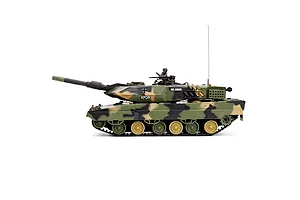 Side view of Heng Long German Leopard 2 A5 RC tank in green, brown, and black camouflage against a white background.