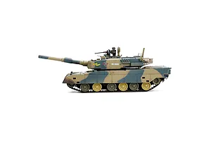 Side profile view of the Heng Long Japanese Type 90 RC Tank featuring camouflage pattern, tracks, and commander figure against a white background.