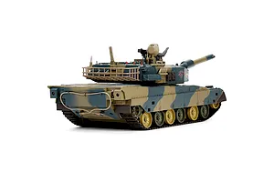 Heng Long Japanese Type 90 RC tank in camouflage finish, viewed from a low front-three-quarter angle against a white background.