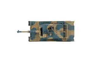 Top-down studio shot of the Heng Long Japanese Type 90 RC tank featuring a camouflage paint scheme and turret details against a white background.