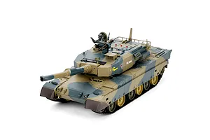Heng Long Japanese Type 90 RC tank angled from the front with camouflage paint and a commander figure.