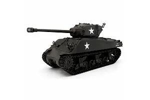 Taigen 1/16 scale M4A3 Sherman RC tank in dark grey with white star insignia and long 76mm gun barrel against a white background.