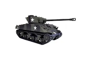Taigen M4A3 Sherman 76mm RC tank viewed from the front right against a plain white background.
