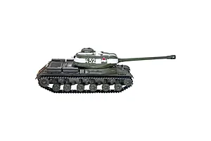 Side view of the Taigen Russian JS-2 RC tank in green with white stripes and markings, set against a plain white background.