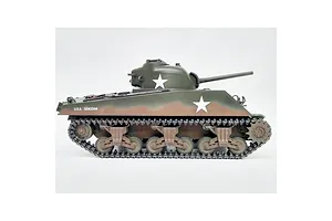 Side view of Taigen M4A3 Sherman RC tank in green camouflage with white star markings against a plain white background.