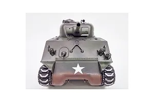 Front-facing studio shot of the Taigen M4A3 Sherman RC tank showing tracks, hull details, and white star insignia on a white background.