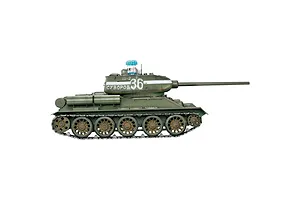 Side view of Taigen Soviet Union T-34/85 RC tank in green camouflage with weathering effects, tracks, and turret markings.