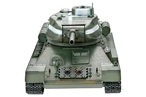 Front-facing studio shot of the Taigen Soviet Union T-34/85 RC tank model on a white background.