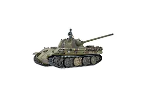 Taigen German Panther Type G RC tank in green camouflage with a commander figure standing in the hatch, viewed against a white background.