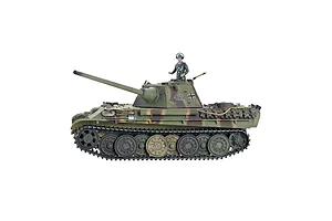 Side view studio shot of Taigen German Panther Type G RC tank in camouflage with a commander figure.