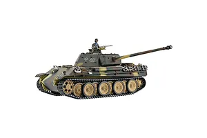 Studio product shot of a Taigen German Panther Type G RC tank in multi-color camouflage with a commander figure.