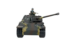 Front view of a Taigen German Panther Type G RC tank with camouflage paint, black tracks, and a commander figure in the hatch.