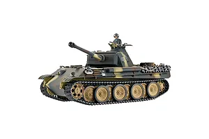 Taigen German Panther Type G RC tank in camouflage with a commander figure in the hatch against a white background.