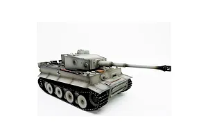 Studio photo of Taigen German Tiger I RC tank in 1/16 scale with gray camouflage paint scheme against a white background.