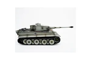 Side view of Taigen German Tiger I RC tank in grey camouflage with black tracks against a white background.
