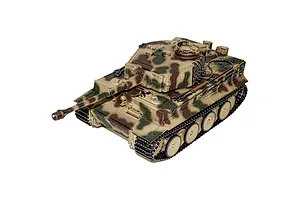 Taigen German Tiger I RC tank in 1/16 scale with camouflage finish, viewed from a high angle on a white background.