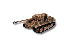 Studio shot of a German Tiger I RC tank with camouflage paint, featuring detailed tracks, wheels, and a long barrel.