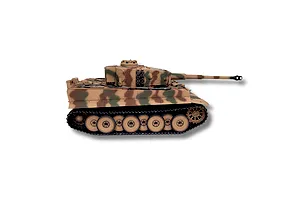 Side profile of Taigen German Tiger I RC tank featuring desert camouflage paint scheme and textured Zimmerit coating.