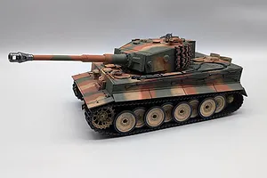 Taigen German Tiger I RC tank in a three-quarter studio view featuring a camouflage paint scheme and detailed tracks.