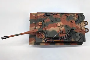 Top-down view of the Taigen German Tiger I RC tank with camouflage paint, showing detailed hull and turret features.