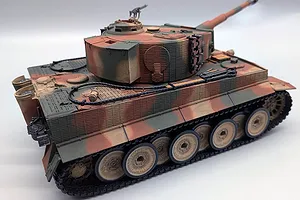 Studio product view of the Taigen German Tiger I RC tank in a camouflage paint scheme, showing rear and side angles.