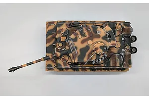 Top-down view of the Taigen German Tiger I RC tank with a brown and tan camouflage paint scheme on a light background.