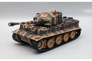 Taigen German Tiger I RC tank with camouflage paint, showing side profile against a white studio background.