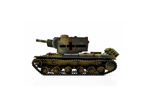 Studio side profile shot of the Taigen Russian KV-2 RC tank featuring a camouflage paint scheme and large turret.