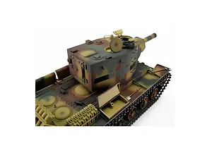 High-angle view of the turret and rear hull of a camouflage RC tank with open hatches and detailed accessories.