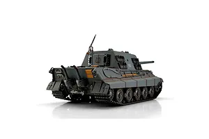 Rear-three-quarter studio view of a grey Taigen JagdTiger RC tank with detailed tracks, exhaust pipes, and side skirts.