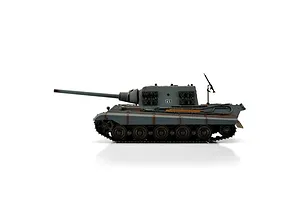 Side profile studio shot of the Taigen German JagdTiger RC tank in grey camouflage with tracks and long barrel.
