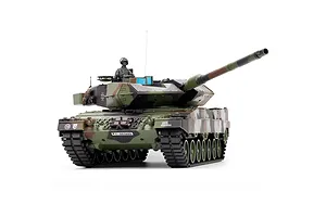 Taigen 1/16 scale German Leopard 2A6 RC tank in multi-colour camouflage with commander figure against a white background.