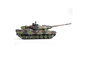 Side view profile of the Taigen German Leopard 2A6 RTR RC tank featuring a camouflage paint scheme and commander figure against a white background.