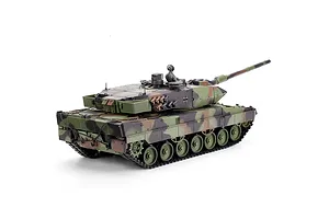 Taigen German Leopard 2A6 RC tank in three-tone camouflage with commander figure against a white background.