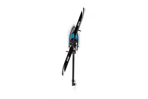 Top-down studio shot of the Blade Revolution 155 CP RC Helicopter showing main rotor blades, blue canopy, and tail boom against a white background.